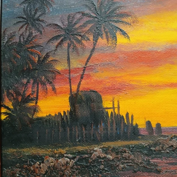 Vintage Oil Painting on Canvas Signed Beach Sunset/Sunrise Tropical Warm Colors